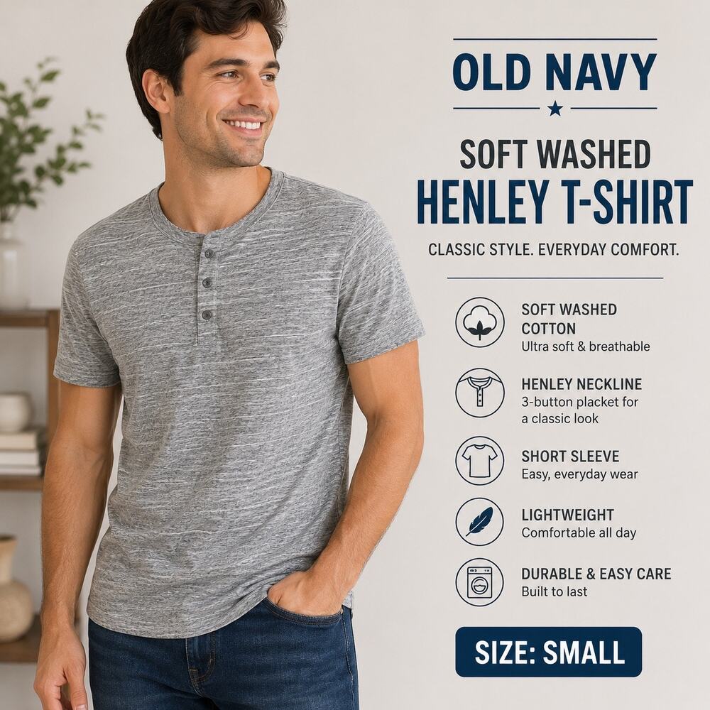Old Navy Mens Soft Washed Henley T Shirt Gray Short Sleeve Casual Small